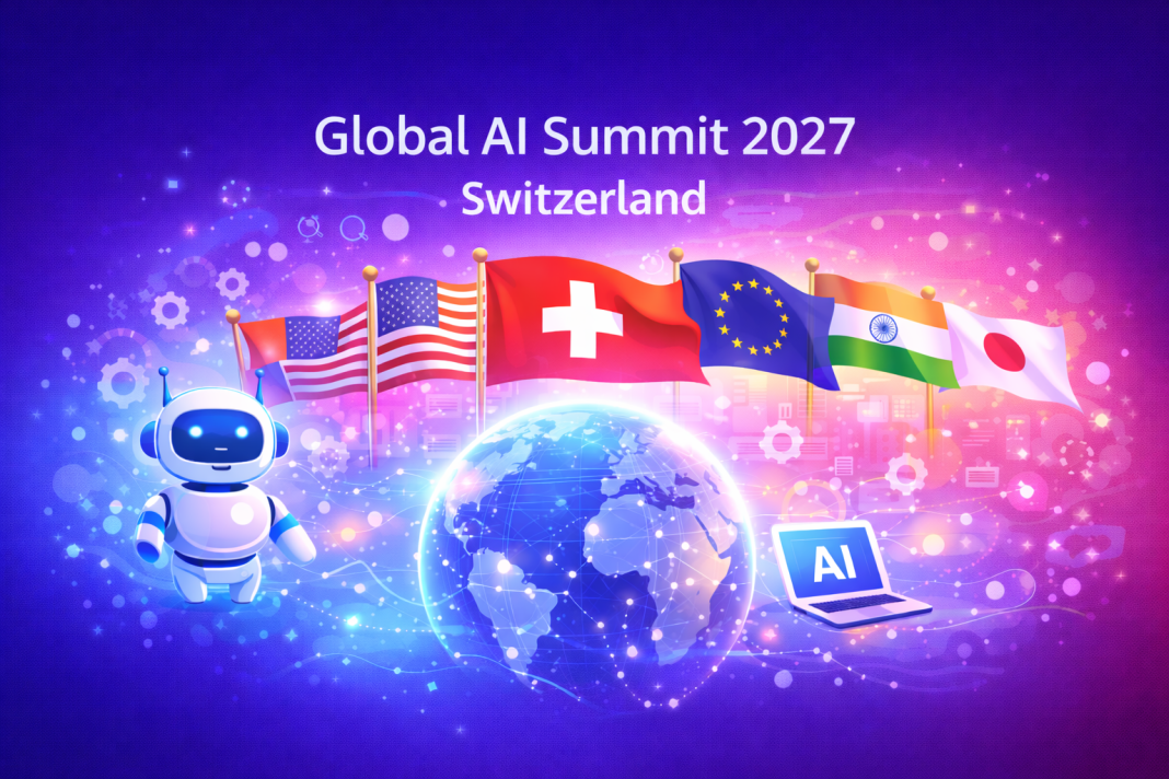 Global AI Summit 2027 in Switzerland featuring global flags, AI technology icons, a digital globe, and futuristic gradient visuals representing international AI collaboration.