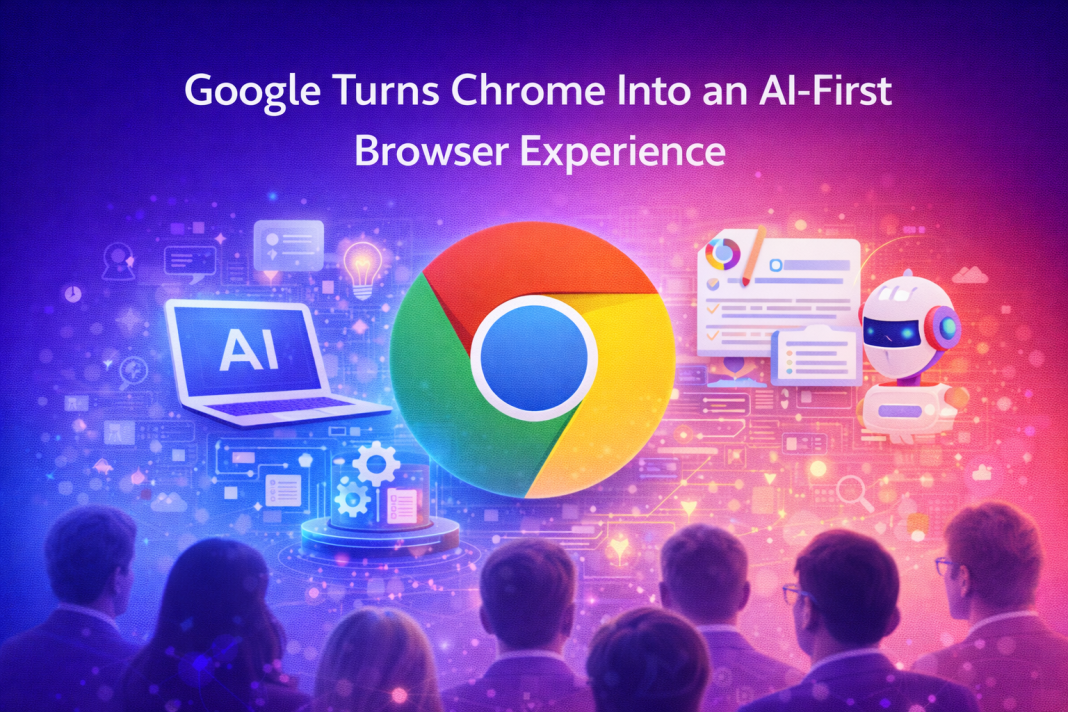 Illustration showing Google Chrome evolving into an AI-first browser with AI-powered browsing, productivity tools, and intelligent web assistance.