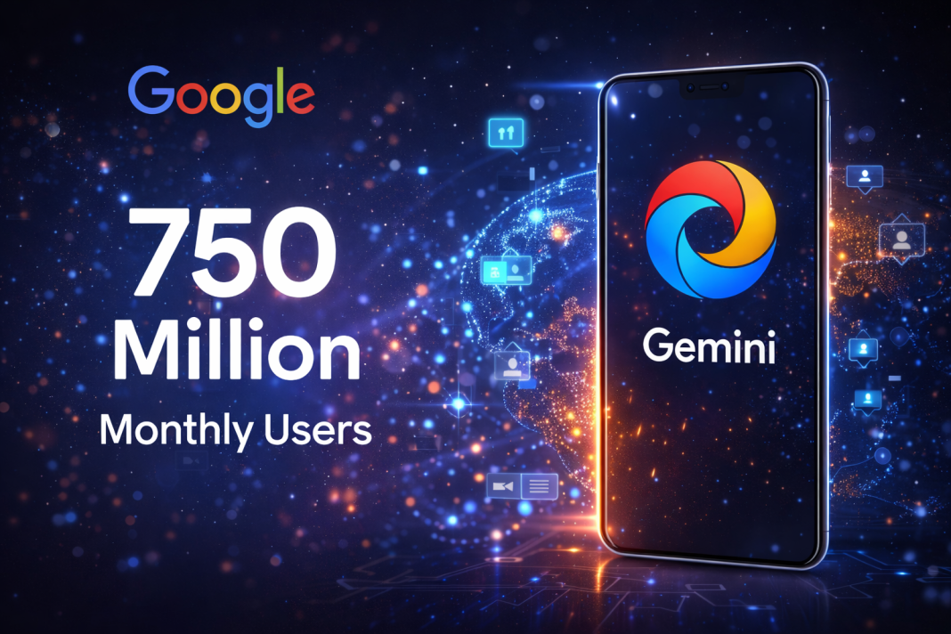 Digital illustration showing Google Gemini AI app growth with global user metrics, AI interface elements, and data visualization graphics